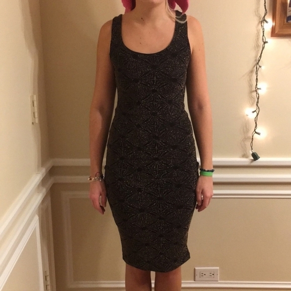 Midi Dress L Black Bodycon Stretch Gold Sparkle Sexy Cocktail Party 💖2/$30 - Picture 13 of 13